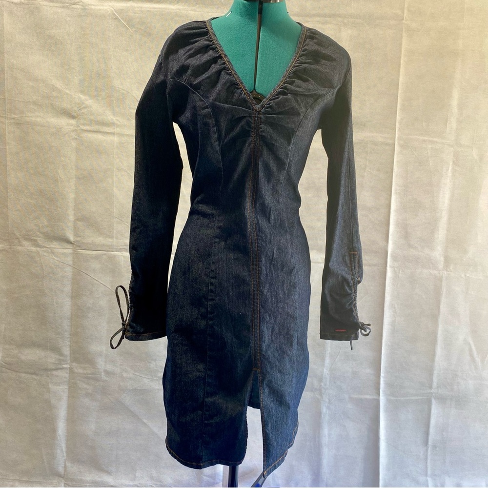Vintage FUBU Indigo Denim Dress, Long Sleeve, Front Slit, Size W 7/8